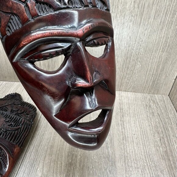 Vintage Wall Hanging Decorative Hand Carved Wood African Tribal Masks Pair Brown - Picture 4 of 13